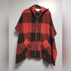 Treasure & Bond Buffalo Check Plaid Hooded Zip Up Cape with Pockets